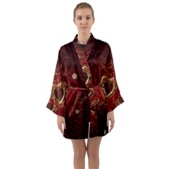 Wonderful Hearts With Floral Elemetns, Gold, Red Long Sleeve Kimono Robe by FantasyWorld7