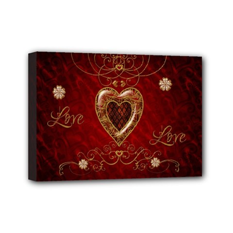 Wonderful Hearts With Floral Elemetns, Gold, Red Mini Canvas 7  X 5  by FantasyWorld7