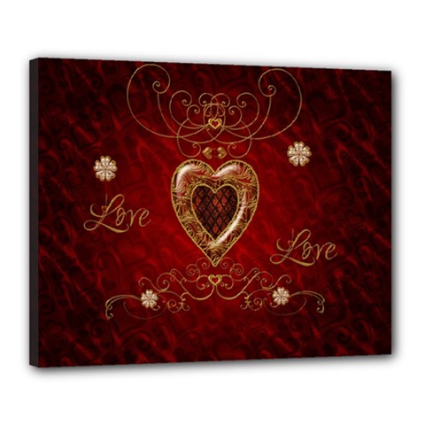 Wonderful Hearts With Floral Elemetns, Gold, Red Canvas 20  X 16  by FantasyWorld7