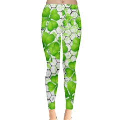 White Hexagon Shamrocks Leafs Pattern Leggings  by PattyVilleDesigns