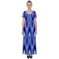 Waves Wavy Blue Pale Cobalt Navy High Waist Short Sleeve Maxi Dress