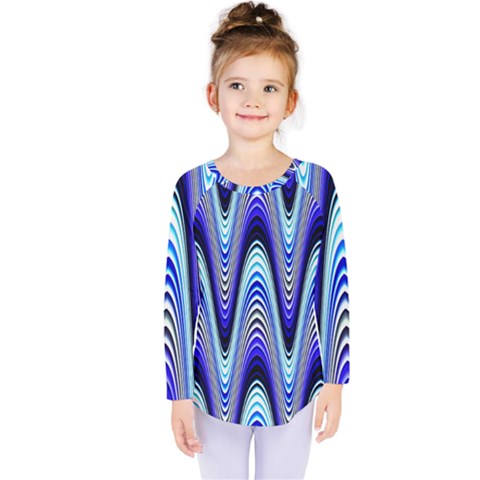 Waves Wavy Blue Pale Cobalt Navy Kids  Long Sleeve Tee by Celenk