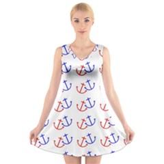 Anchors Nautical Backdrop Sea Nautical V-neck Sleeveless Skater Dress by Celenk