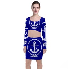 Anchor Flag Blue Background Long Sleeve Crop Top & Bodycon Skirt Set