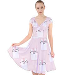 Pattern Cat Pink Cute Sweet Fur Cap Sleeve Front Wrap Midi Dress by Celenk