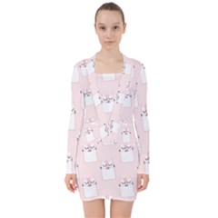 Pattern Cat Pink Cute Sweet Fur V-neck Bodycon Long Sleeve Dress by Celenk