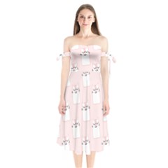 Pattern Cat Pink Cute Sweet Fur Shoulder Tie Bardot Midi Dress by Celenk