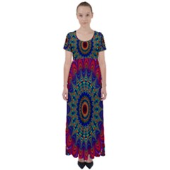 Kaleidoscope Mandala Pattern High Waist Short Sleeve Maxi Dress