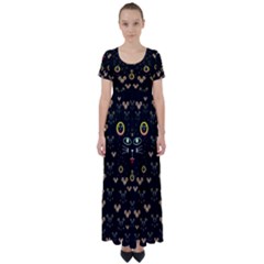 Merry Black Cat In The Night And A Mouse Involved Pop Art High Waist Short Sleeve Maxi Dress by pepitasart