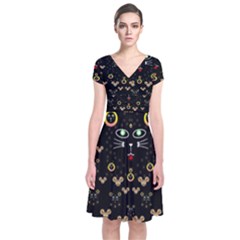 Merry Black Cat In The Night And A Mouse Involved Pop Art Short Sleeve Front Wrap Dress by pepitasart