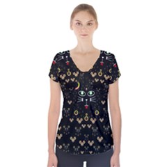 Merry Black Cat In The Night And A Mouse Involved Pop Art Short Sleeve Front Detail Top by pepitasart