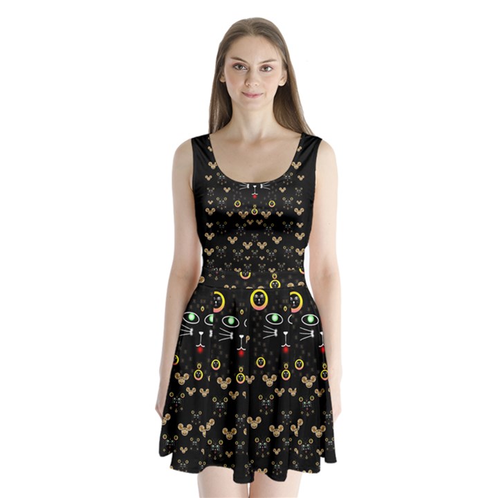 Merry Black Cat In The Night And A Mouse Involved Pop Art Split Back Mini Dress 