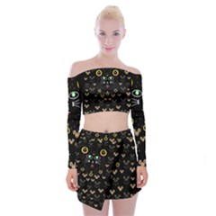 Merry Black Cat In The Night And A Mouse Involved Pop Art Off Shoulder Top With Mini Skirt Set by pepitasart