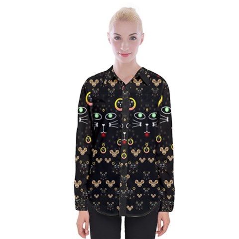 Merry Black Cat In The Night And A Mouse Involved Pop Art Womens Long Sleeve Shirt by pepitasart