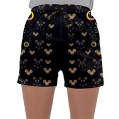 Merry Black Cat In The Night And A Mouse Involved Pop Art Sleepwear Shorts by pepitasart