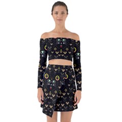 Merry Black Cat In The Night And A Mouse Involved Pop Art Off Shoulder Top With Skirt Set by pepitasart