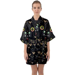 Merry Black Cat In The Night And A Mouse Involved Pop Art Quarter Sleeve Kimono Robe by pepitasart