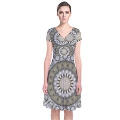 Mandala Sand Color Seamless Tile Short Sleeve Front Wrap Dress by Celenk