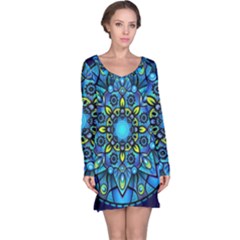 Mandala Blue Abstract Circle Long Sleeve Nightdress by Celenk