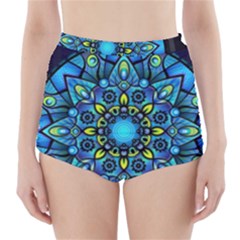 Mandala Blue Abstract Circle High-waisted Bikini Bottoms by Celenk