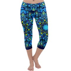 Mandala Blue Abstract Circle Capri Yoga Leggings by Celenk