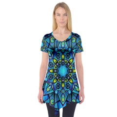 Mandala Blue Abstract Circle Short Sleeve Tunic  by Celenk