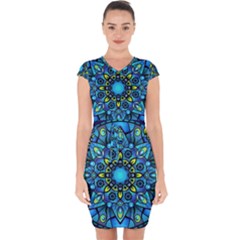 Mandala Blue Abstract Circle Capsleeve Drawstring Dress  by Celenk