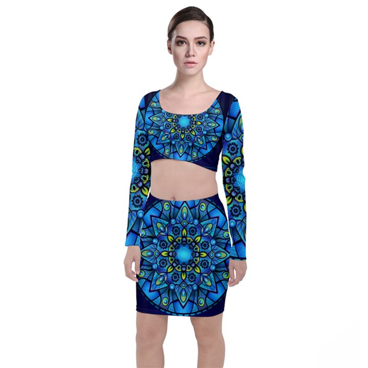 Mandala Blue Abstract Circle Long Sleeve Crop Top & Bodycon Skirt Set