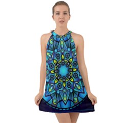 Mandala Blue Abstract Circle Halter Tie Back Chiffon Dress