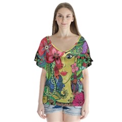 Mandala Figure Nature Girl V-neck Flutter Sleeve Top by Celenk