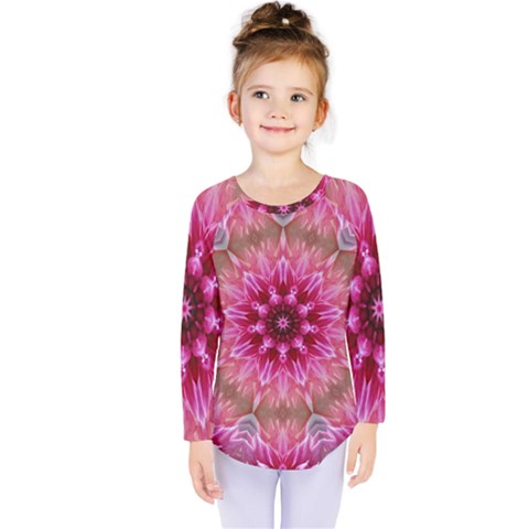 Flower Mandala Art Pink Abstract Kids  Long Sleeve Tee by Celenk