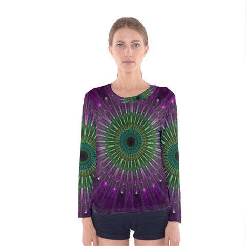 Purple Mandala Fractal Glass Women s Long Sleeve Tee by Celenk