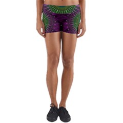 Purple Mandala Fractal Glass Yoga Shorts by Celenk