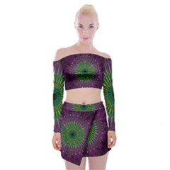 Purple Mandala Fractal Glass Off Shoulder Top With Mini Skirt Set by Celenk