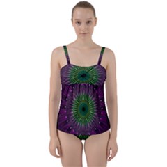 Purple Mandala Fractal Glass Twist Front Tankini Set by Celenk