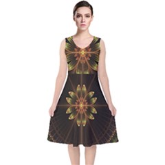 Fractal Floral Mandala Abstract V-neck Midi Sleeveless Dress 