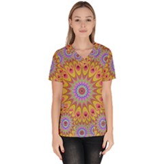 Geometric Flower Oriental Ornament Scrub Top by Celenk