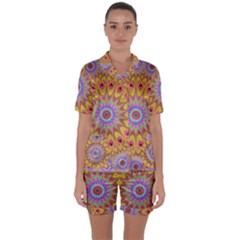 Geometric Flower Oriental Ornament Satin Short Sleeve Pyjamas Set