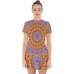 Geometric Flower Oriental Ornament Drop Hem Mini Chiffon Dress