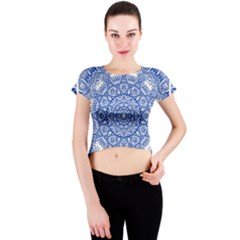 Blue Mandala Kaleidoscope Crew Neck Crop Top by Celenk