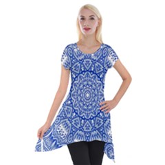 Blue Mandala Kaleidoscope Short Sleeve Side Drop Tunic by Celenk