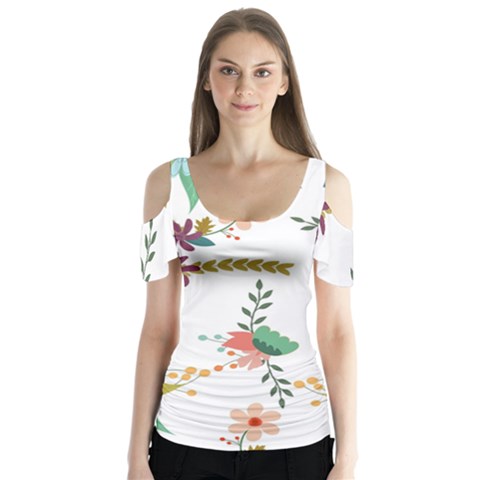 Floral Backdrop Pattern Flower Butterfly Sleeve Cutout Tee  by Celenk