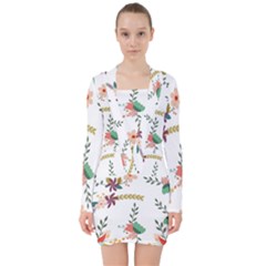 Floral Backdrop Pattern Flower V-neck Bodycon Long Sleeve Dress