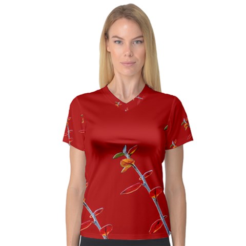 Red Background Paper Plants V-neck Sport Mesh Tee by Celenk