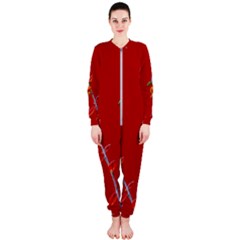 Red Background Paper Plants Onepiece Jumpsuit (ladies)  by Celenk