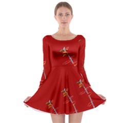 Red Background Paper Plants Long Sleeve Skater Dress