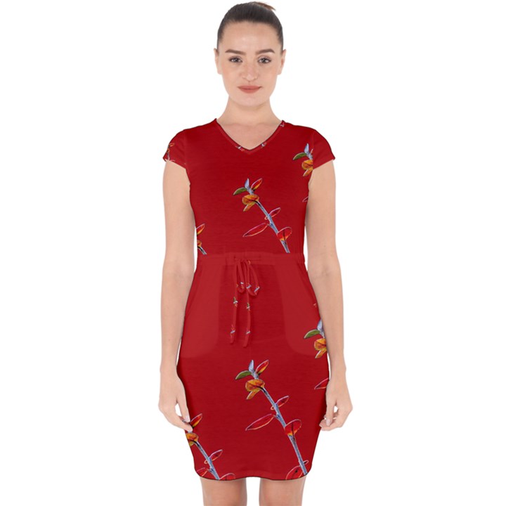 Red Background Paper Plants Capsleeve Drawstring Dress 