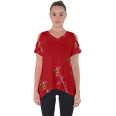 Red Background Paper Plants Cut Out Side Drop Tee