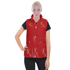 Red Background Paper Plants Women s Button Up Puffer Vest