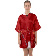 Red Background Paper Plants Quarter Sleeve Kimono Robe